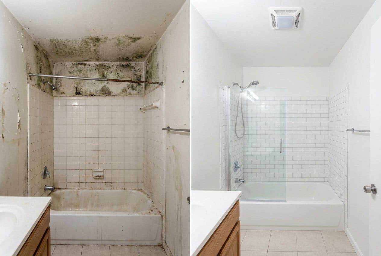 Before and after mold inspection & moisture assessment in Englewood split-level home bathroom