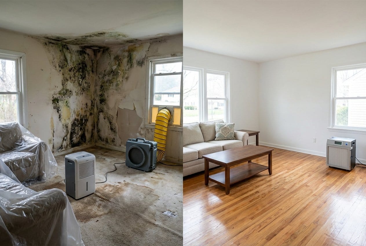 Mold Testing & Lab Reporting before and after in living room, Englewood NJ