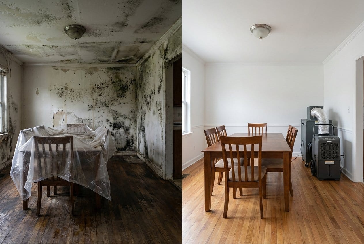 Before and after black mold removal in Englewood bungalow dining room