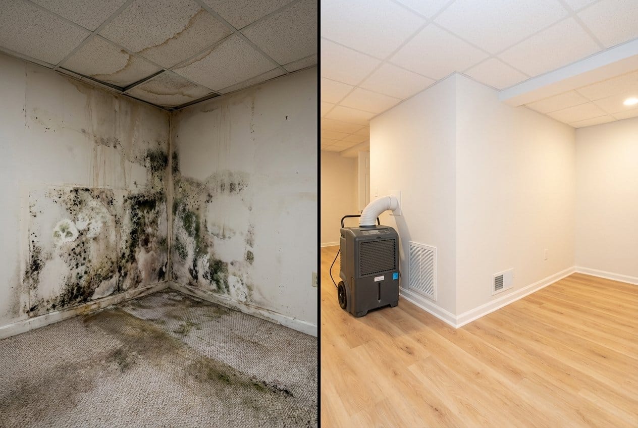 Attic & Crawl Space Mold Removal before and after in finished basement, Englewood NJ