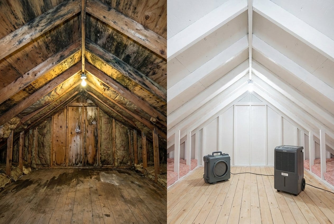 Before and after post-remediation cleaning & clearance in Englewood single-family home attic space