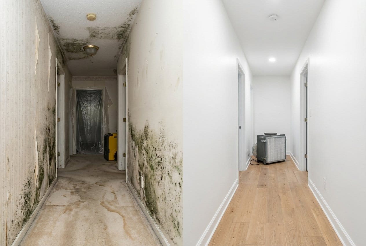 Odor Removal & Disinfection before and after in hallway, Englewood NJ