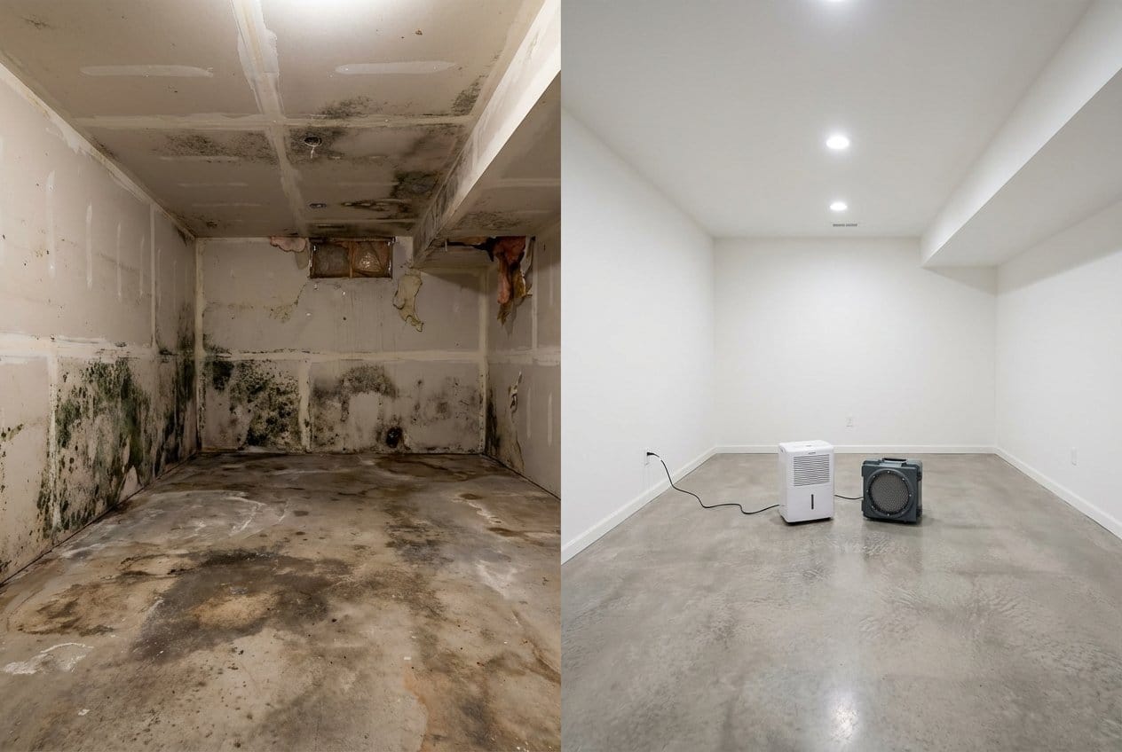 Humidity & Moisture Control Solution before and after in finished basement, Englewood NJ
