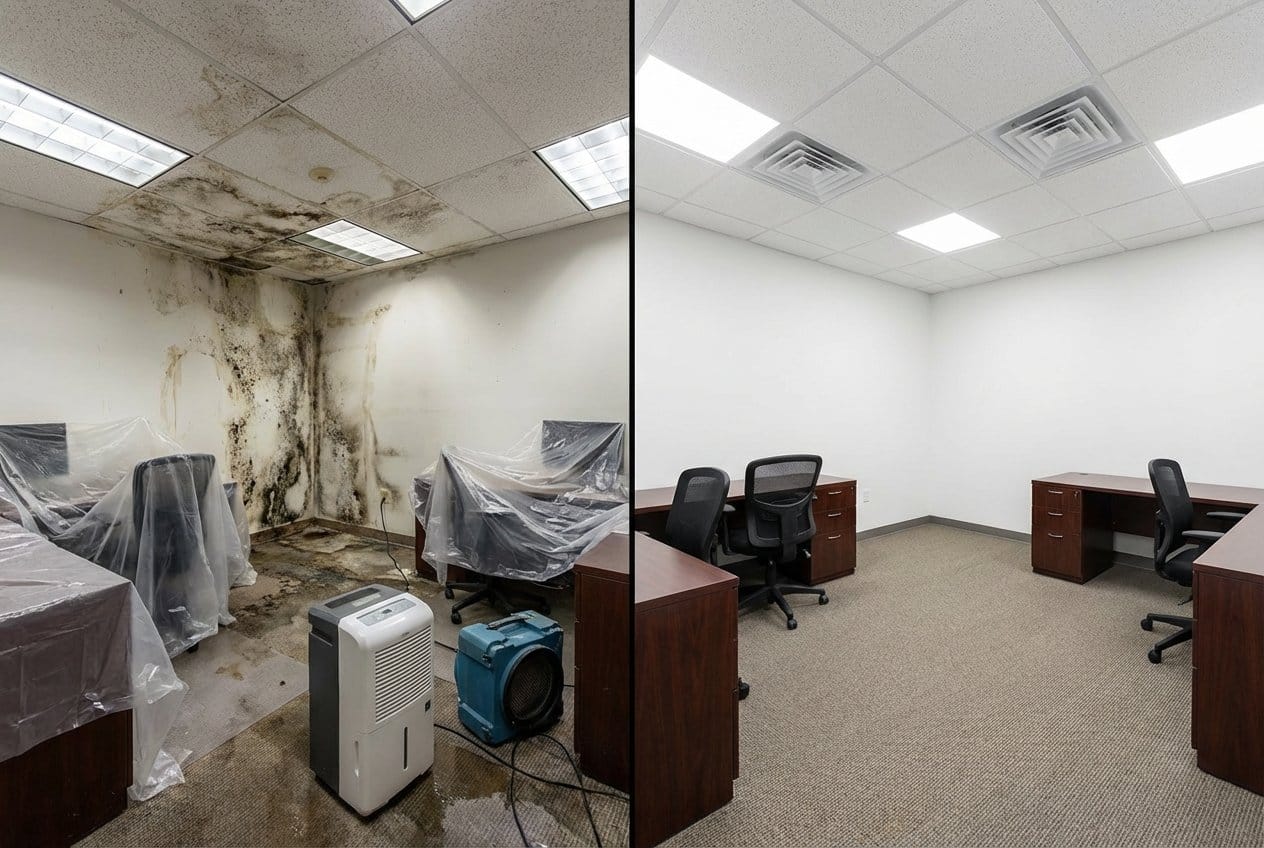 Englewood Mold Removal commercial office space restoration before and after in Englewood